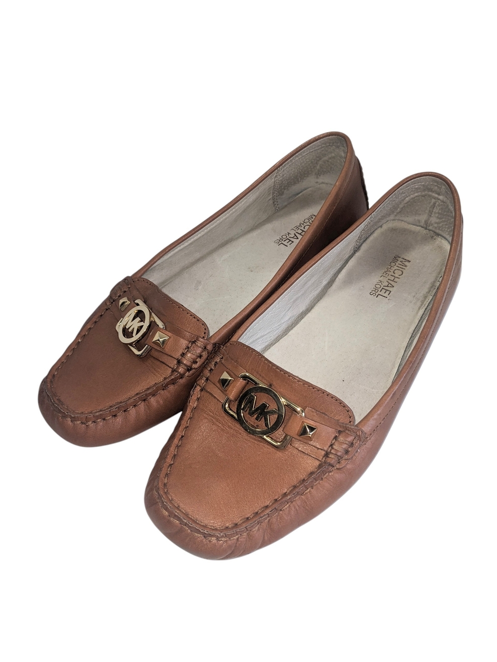 Michael Kors Tan Leather MK Logo Moccasin Loafers Size 10 Wider Fit Flaw
